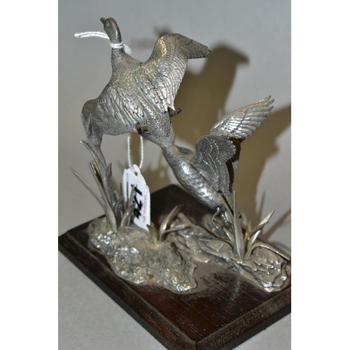 421 - TWO 'MALLARD IN PEWTER' SCULPTURES, by A R Brown, on wooden plinths, total height 14.5cm (2)