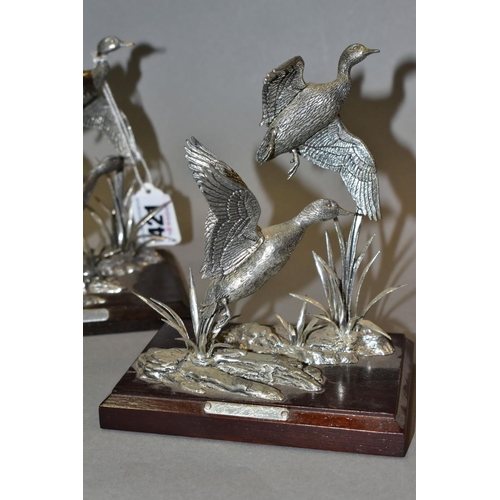 421 - TWO 'MALLARD IN PEWTER' SCULPTURES, by A R Brown, on wooden plinths, total height 14.5cm (2)