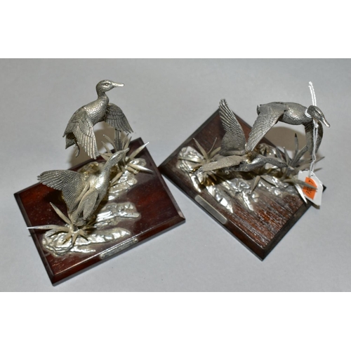 421 - TWO 'MALLARD IN PEWTER' SCULPTURES, by A R Brown, on wooden plinths, total height 14.5cm (2)