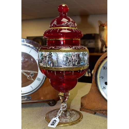 426 - A SECOND HALF 20TH CENTURY RED GLASS JAR AND COVER ON A CLEAR AND GILT STEM, together with two 1930'... 