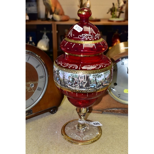 426 - A SECOND HALF 20TH CENTURY RED GLASS JAR AND COVER ON A CLEAR AND GILT STEM, together with two 1930'... 