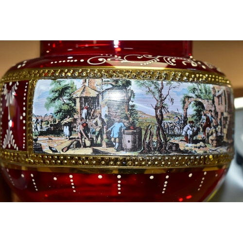 426 - A SECOND HALF 20TH CENTURY RED GLASS JAR AND COVER ON A CLEAR AND GILT STEM, together with two 1930'... 