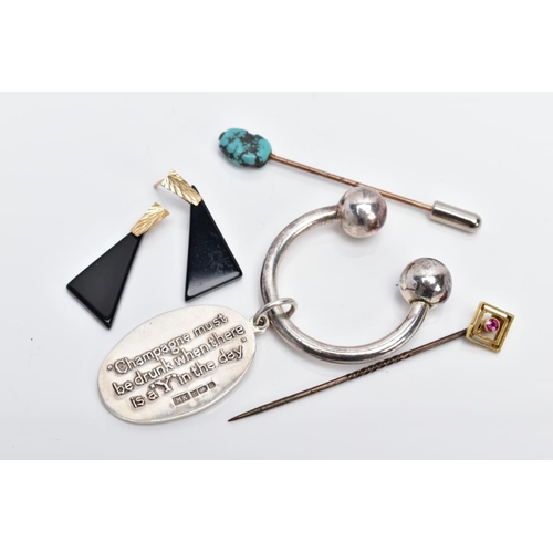 43 - A GOLD RUBY TOPPED STICK PIN, A TURQUOISE STICK PIN, A SILVER KEYRING AND A PAIR OF EARRINGS, the fi... 