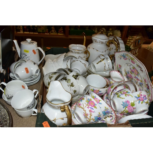 436 - TWO BOXES OF TEA WARES AND SUNDRIES ETC, to include Minton 3934 Cuckoo, Royal Doulton Larchmont, Que... 