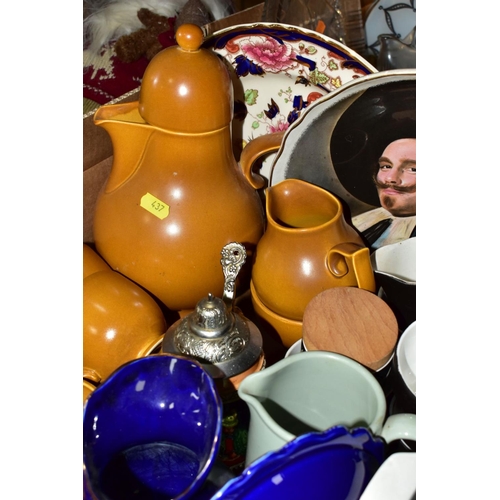 437 - TWO BOXES OF GLASS AND CERAMICS ETC, to include Royal Tudor Victoria Rose part teaset and tureens, C... 