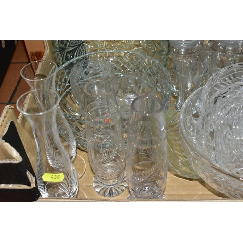 438 - CUT AND PRESSED GLASS ETC, to include a pair of Webb Corbett for Royal Doulton boxed vases, pair of ... 