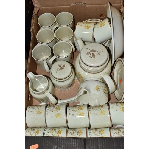 439 - THREE BOXES OF TEA/DINNER WARES ETC, to include Royal Doulton 'Sandsprite' part tea/coffee set, Denb... 