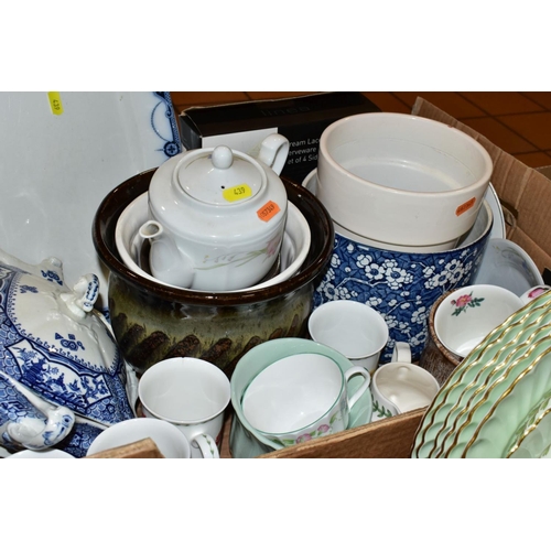 439 - THREE BOXES OF TEA/DINNER WARES ETC, to include Royal Doulton 'Sandsprite' part tea/coffee set, Denb... 