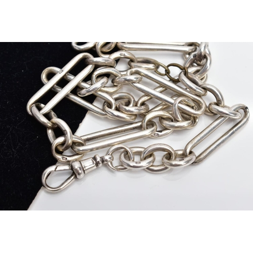 44 - A STERLING SILVER ALBERT CHAIN, the fetter style chain fitted with a lobster claw clasp, each link s... 