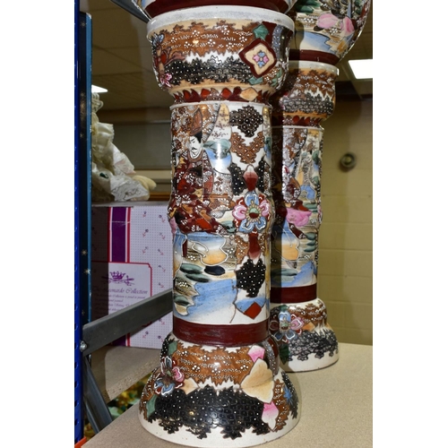 441 - A PAIR OF JAPANESE SATSUMA JARDINIERS AND STANDS, polychrome decoration depicting Geisha figures and... 