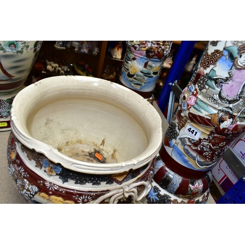 441 - A PAIR OF JAPANESE SATSUMA JARDINIERS AND STANDS, polychrome decoration depicting Geisha figures and... 