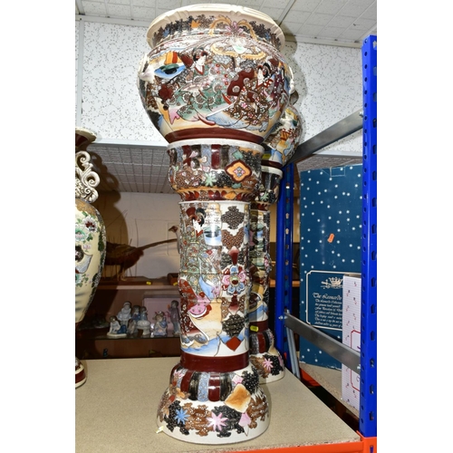 441 - A PAIR OF JAPANESE SATSUMA JARDINIERS AND STANDS, polychrome decoration depicting Geisha figures and... 