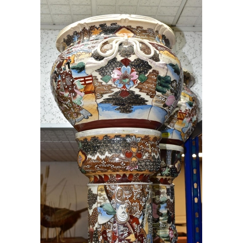 441 - A PAIR OF JAPANESE SATSUMA JARDINIERS AND STANDS, polychrome decoration depicting Geisha figures and... 