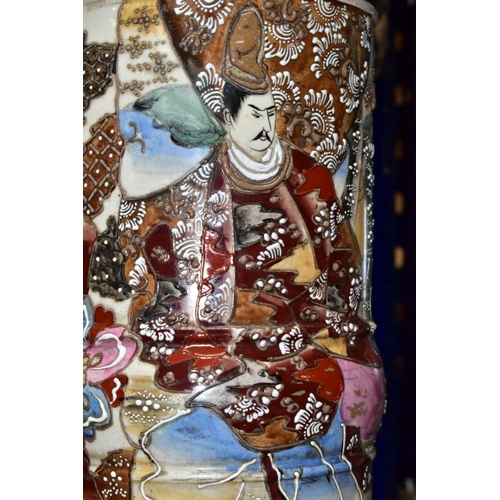 441 - A PAIR OF JAPANESE SATSUMA JARDINIERS AND STANDS, polychrome decoration depicting Geisha figures and... 