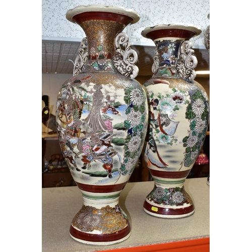 442 - A PAIR OF JAPANESE SATSUMA BALUSTER SHAPED VASES, polychrome decoration depicting Samurai warriors o... 