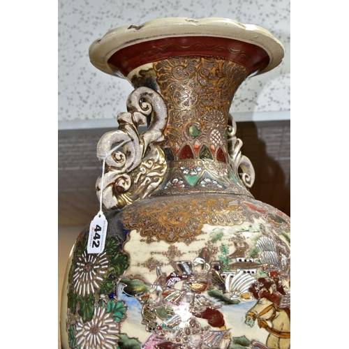 442 - A PAIR OF JAPANESE SATSUMA BALUSTER SHAPED VASES, polychrome decoration depicting Samurai warriors o... 