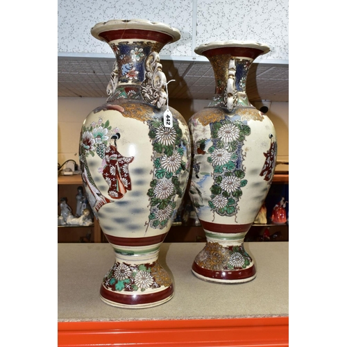 442 - A PAIR OF JAPANESE SATSUMA BALUSTER SHAPED VASES, polychrome decoration depicting Samurai warriors o... 