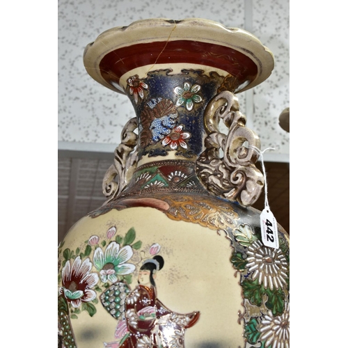 442 - A PAIR OF JAPANESE SATSUMA BALUSTER SHAPED VASES, polychrome decoration depicting Samurai warriors o... 