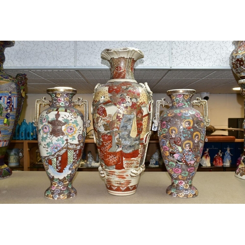 443 - A PAIR OF JAPANESE SATSUMA BALUSTER SHAPED VASES WITH TWIN HANDLES, polychrome decoration depicting ... 