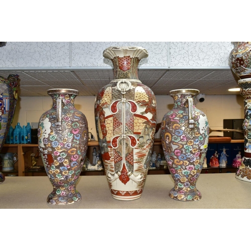 443 - A PAIR OF JAPANESE SATSUMA BALUSTER SHAPED VASES WITH TWIN HANDLES, polychrome decoration depicting ... 