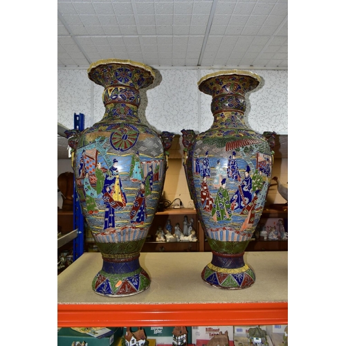 444 - A PAIR OF JAPANESE FLOOR STANDING BALUSTER SHAPED VASES, polychrome enamel decoration depicting male... 