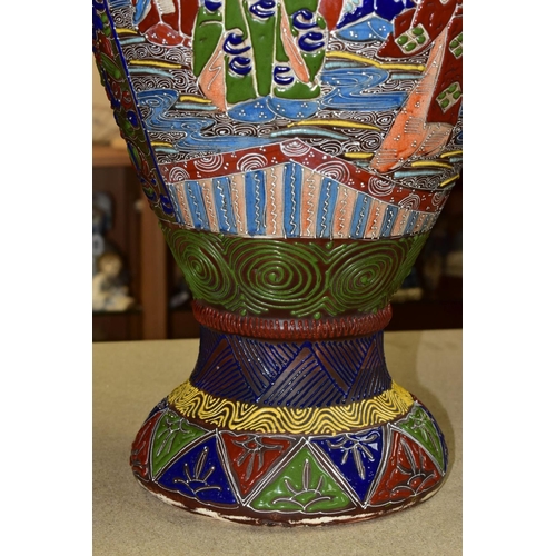 444 - A PAIR OF JAPANESE FLOOR STANDING BALUSTER SHAPED VASES, polychrome enamel decoration depicting male... 