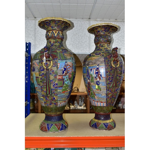 444 - A PAIR OF JAPANESE FLOOR STANDING BALUSTER SHAPED VASES, polychrome enamel decoration depicting male... 