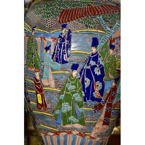 444 - A PAIR OF JAPANESE FLOOR STANDING BALUSTER SHAPED VASES, polychrome enamel decoration depicting male... 