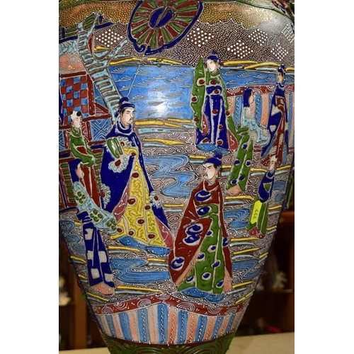 444 - A PAIR OF JAPANESE FLOOR STANDING BALUSTER SHAPED VASES, polychrome enamel decoration depicting male... 