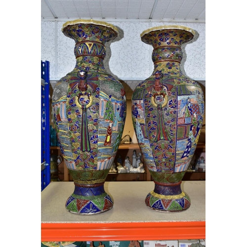 444 - A PAIR OF JAPANESE FLOOR STANDING BALUSTER SHAPED VASES, polychrome enamel decoration depicting male... 