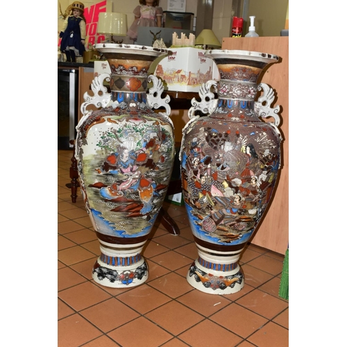 452 - A PAIR OF LARGE FLOORSTANDING BALUSTER SHAPED SATSUMA VASES, polychrome enamel decoration depicting ... 