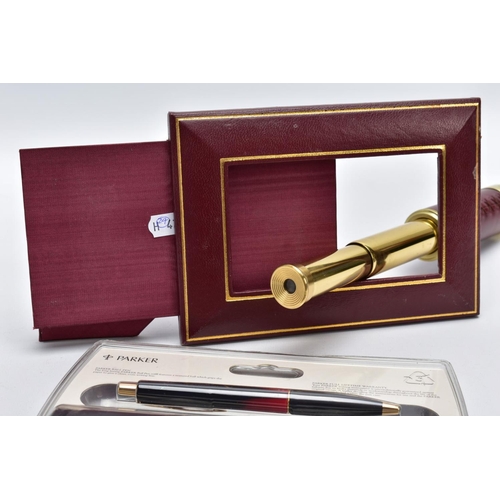 46 - A TELESCOPE, PHOTO FRAME AND A CASED BALL POINT PARKER PEN, the retractable telescope of a yellow me... 