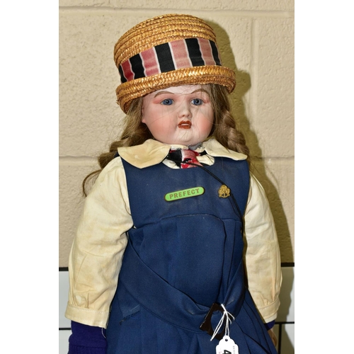 462 - A GOSS BISQUE HEAD AND SHOULDERS DOLL, shoulders marked 'Goss 32', fixed glass eyes, open mouth show... 