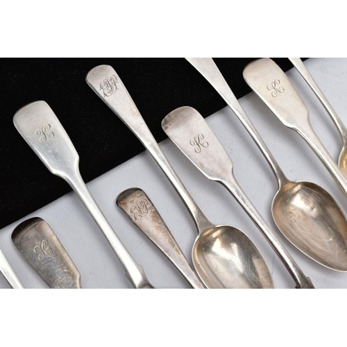 47 - A QUANTITY OF SILVER TEASPOONS, to include six Fiddle pattern teaspoons engraved with an initial 'K'... 