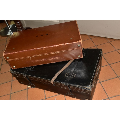 471 - A VINTAGE BROWN LEATHER COVERED SUITASE, initialled C.W.B. To the top, fabric lined interior, 61cm x... 