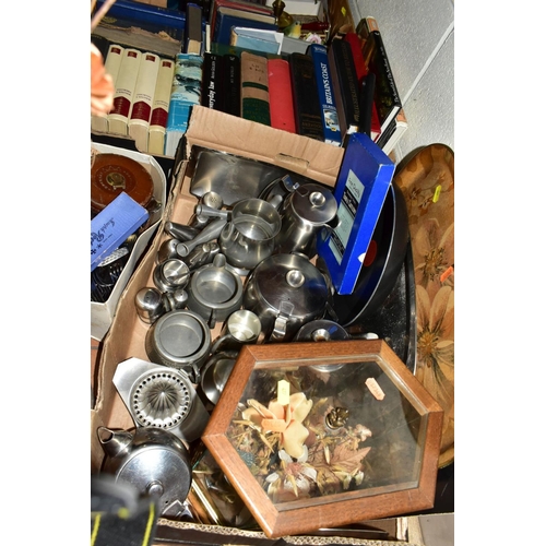 477 - FOUR BOXES OF CUTLERY, BOOKS, STAINLESS STEEL, ASSORTED CERAMICS, ETC, including a cylindrical woode... 