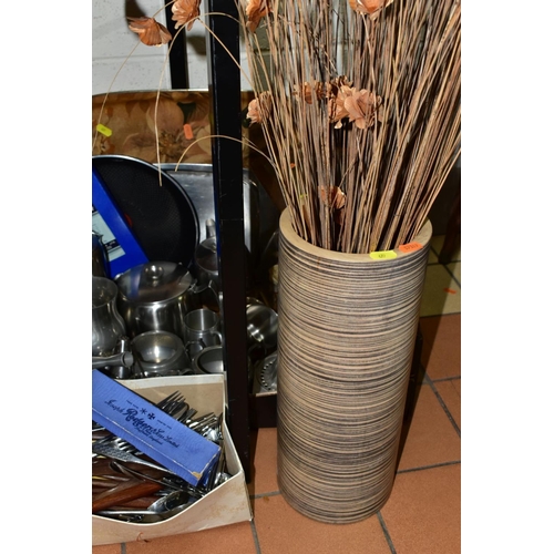 477 - FOUR BOXES OF CUTLERY, BOOKS, STAINLESS STEEL, ASSORTED CERAMICS, ETC, including a cylindrical woode... 