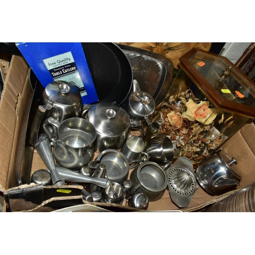 477 - FOUR BOXES OF CUTLERY, BOOKS, STAINLESS STEEL, ASSORTED CERAMICS, ETC, including a cylindrical woode... 