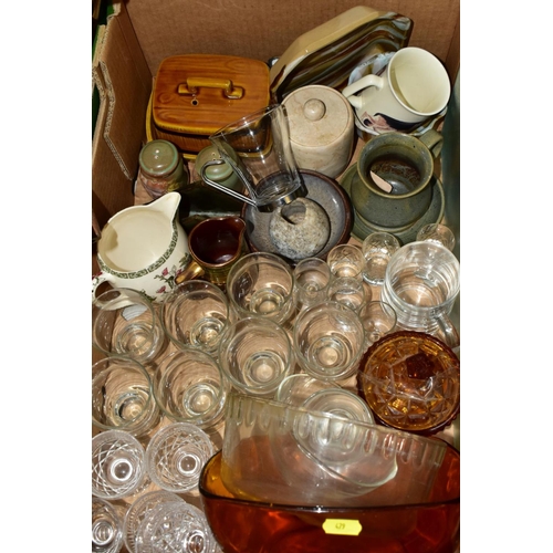 479 - FIVE BOXES AND LOOSE OF HOUSEHOLD GLASSWARE, CROCKERY, UTENSILS, WICKER AND CANE ITEMS, ETC, includi... 