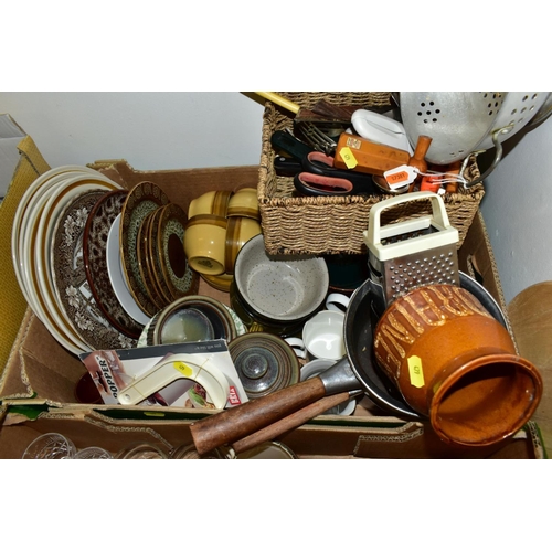 479 - FIVE BOXES AND LOOSE OF HOUSEHOLD GLASSWARE, CROCKERY, UTENSILS, WICKER AND CANE ITEMS, ETC, includi... 