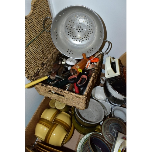 479 - FIVE BOXES AND LOOSE OF HOUSEHOLD GLASSWARE, CROCKERY, UTENSILS, WICKER AND CANE ITEMS, ETC, includi... 