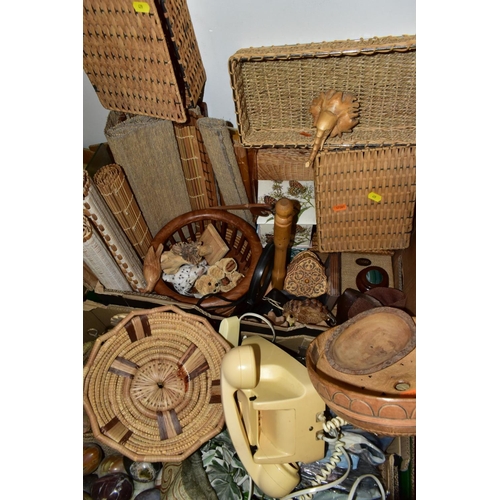 479 - FIVE BOXES AND LOOSE OF HOUSEHOLD GLASSWARE, CROCKERY, UTENSILS, WICKER AND CANE ITEMS, ETC, includi... 