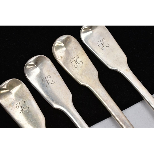 48 - FOUR SILVER GEORGE IV FIDDLE FORKS, each with an engraved initial 'K' to the handles, hallmarked Lon... 