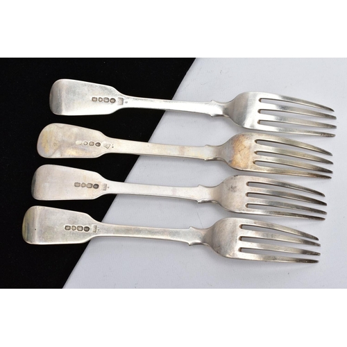 48 - FOUR SILVER GEORGE IV FIDDLE FORKS, each with an engraved initial 'K' to the handles, hallmarked Lon... 