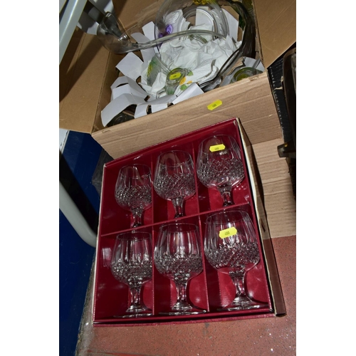 480 - FIVE BOXES OF GLASSWARE, MODERN COLLECTORS DOLLS AND SOFT TOYS, ETC, together with a doll's pram con... 