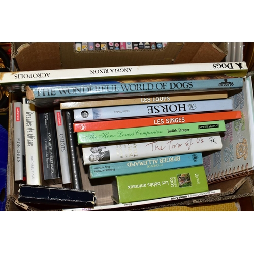 481 - TWO BOXES OF BOOKS, CD'S AND DVD'S, including French books on dogs, etc, CD's include big band, musi... 