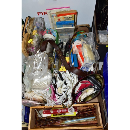 482 - THREE BOXES OF HABERDASHERY, SET OF ONE HUNDRED AND FIVE THE CLASSICAL COLLECTION CD'S, ETC, a woode... 