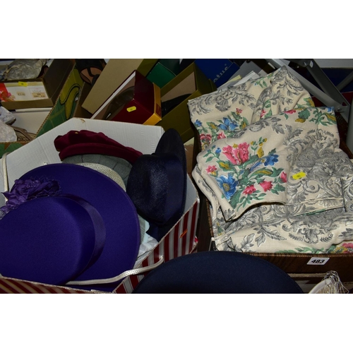 483 - A HAT BOX OF ASSORTED LADIES HATS AND FOUR BOXES OF BOXED LADIES SHOES, BOOTS AND CURTAINS, includin... 