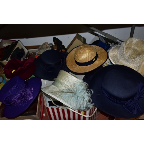 483 - A HAT BOX OF ASSORTED LADIES HATS AND FOUR BOXES OF BOXED LADIES SHOES, BOOTS AND CURTAINS, includin... 