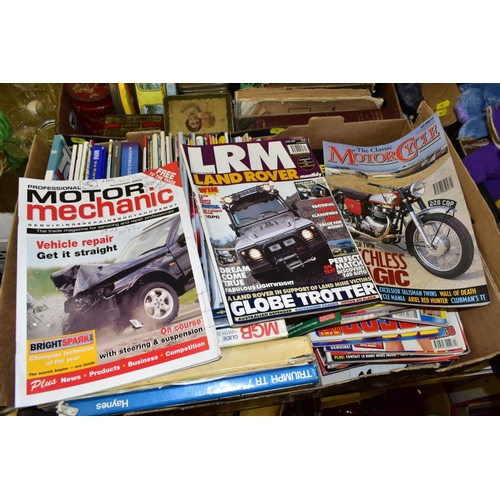 485 - TWO BOXES OF TINS, BOOKS AND MAGAZINES, including motoring and erotica, Haynes Triump TR7, Mini '69 ... 